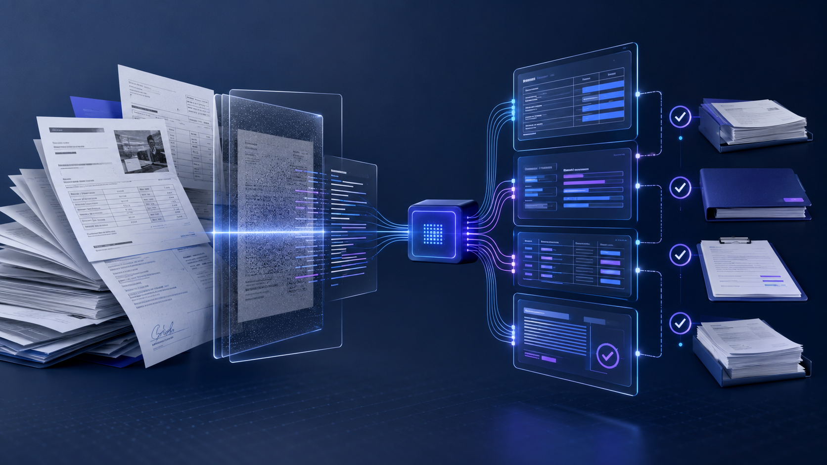 Visualisatie van documenten die via OCR en AI worden omgezet naar gestructureerde data en gevalideerde workflows.