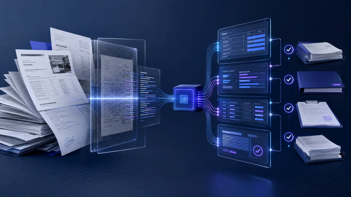 Visualisatie van documenten die via OCR en AI worden omgezet naar gestructureerde data en gevalideerde workflows.
