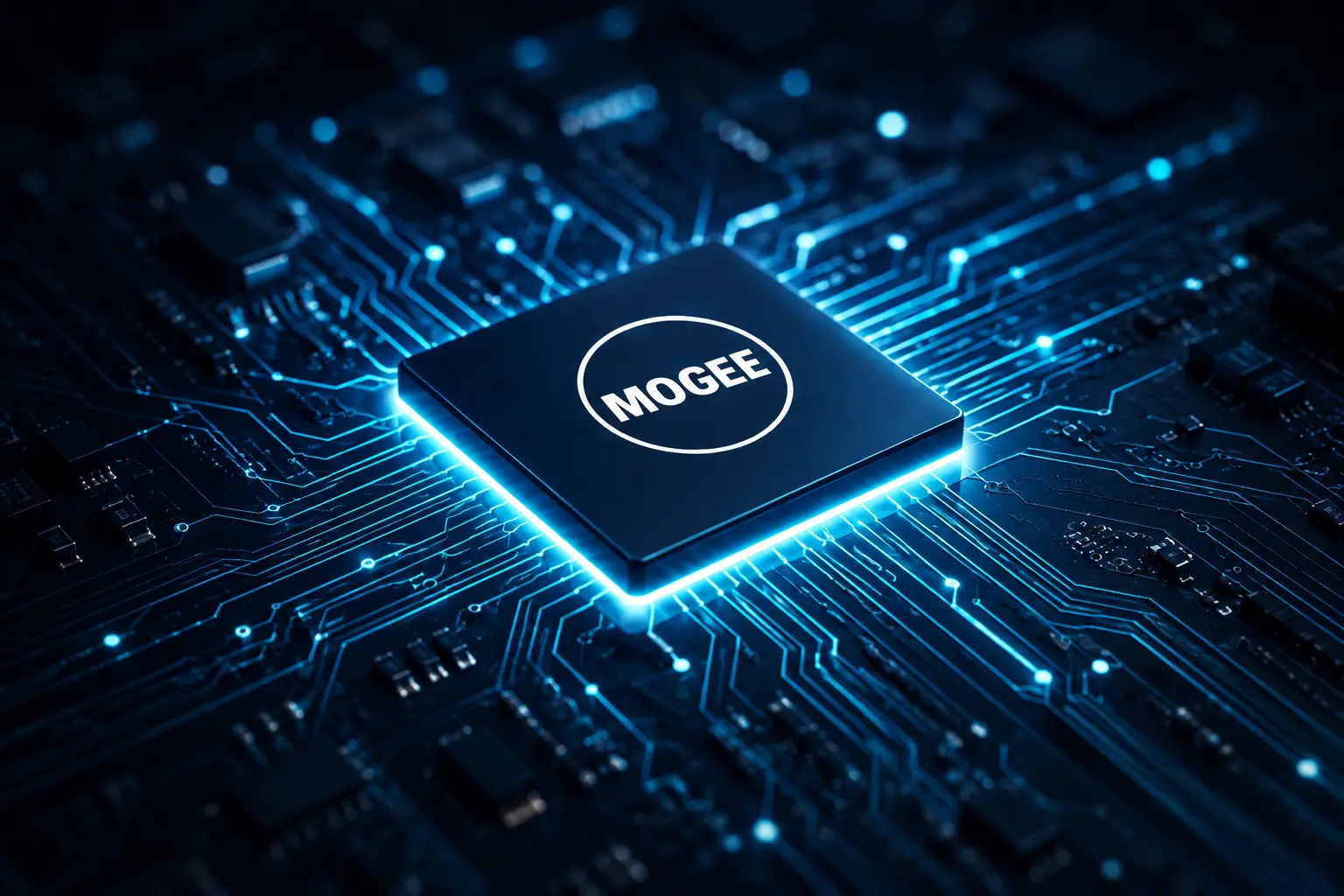 Gestileerde MOGEE-chip als visualisatie van AI-integratie in bestaande technologie